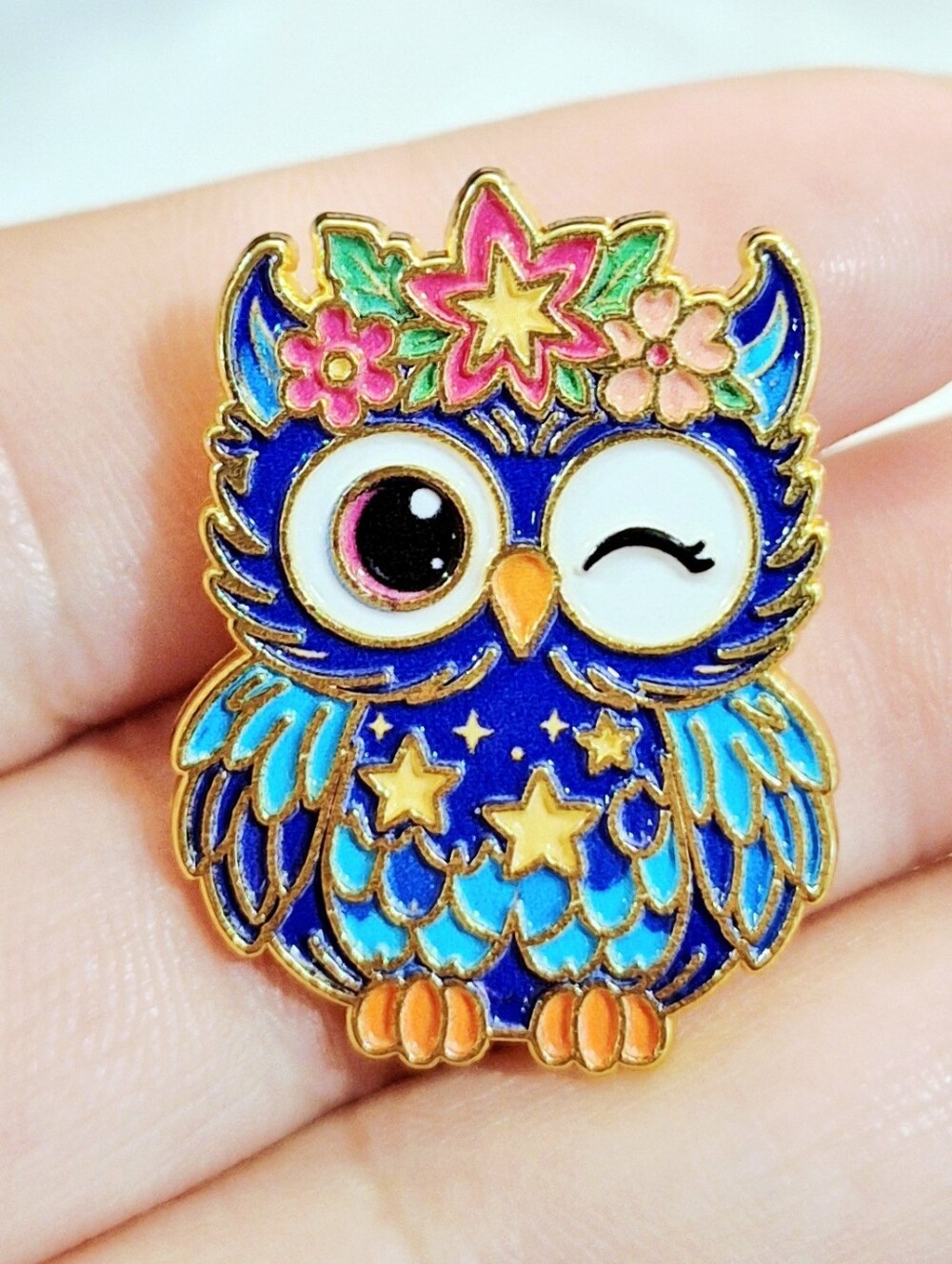 Winking Blue Owl Enamel Pin